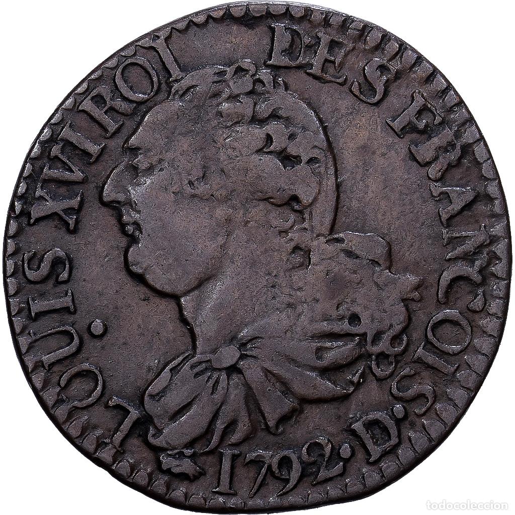Monedas antiguas de Europa: [#139746] Francia, Louis XVI, 3 Deniers fran&ccedil;ois, 1792, Lyon, Bronce, MBC, Gadoury:5