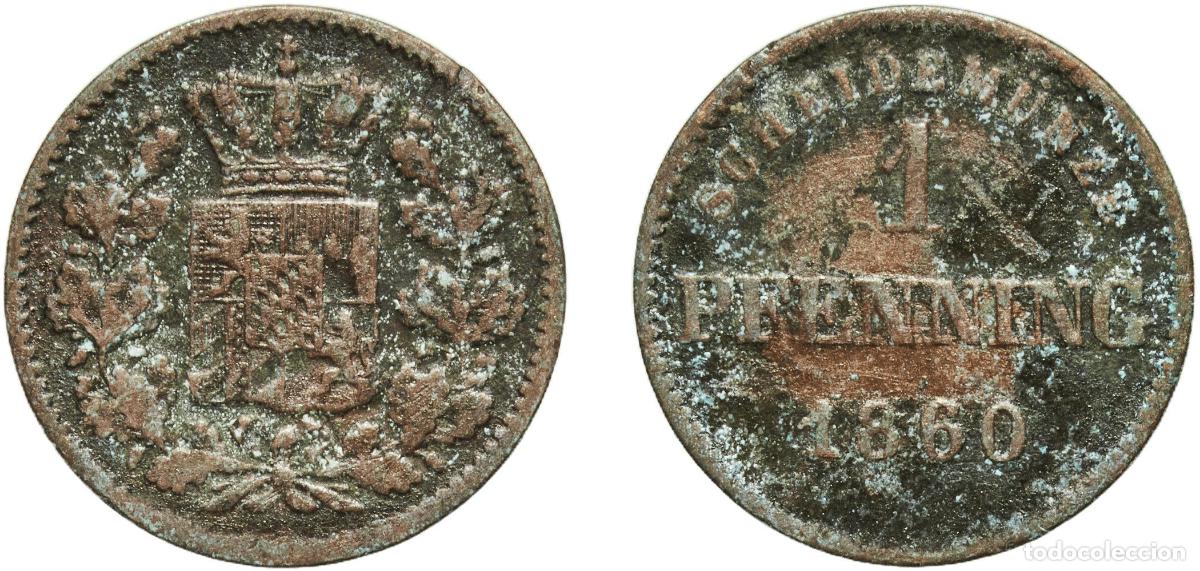 Monedas antiguas de Europa: Germany Kingdom of Bavaria German states 1860 1 Pfenning - Maximilian II Copper Munich Mint 1.28g V