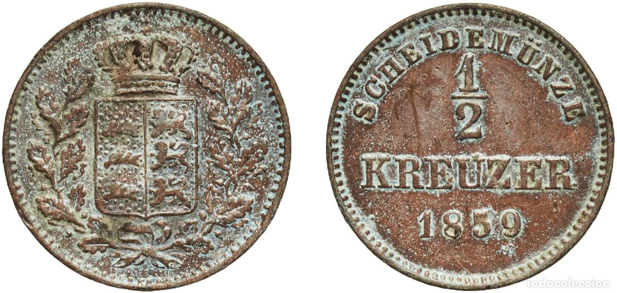 Monedas antiguas de Europa: Germany Kingdom of W&uuml;rttemberg German states 1859 &frac12; Kreuzer - Wilhelm I Copper Staatliche M&uuml;nze Bad