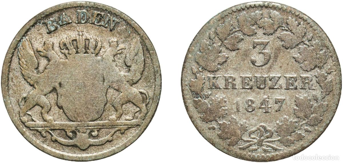 Monedas antiguas de Europa: Germany Grand Duchy of Baden German states 1847 3 Kreuzer - Leopold I Billon (.333 silver) Staatlic