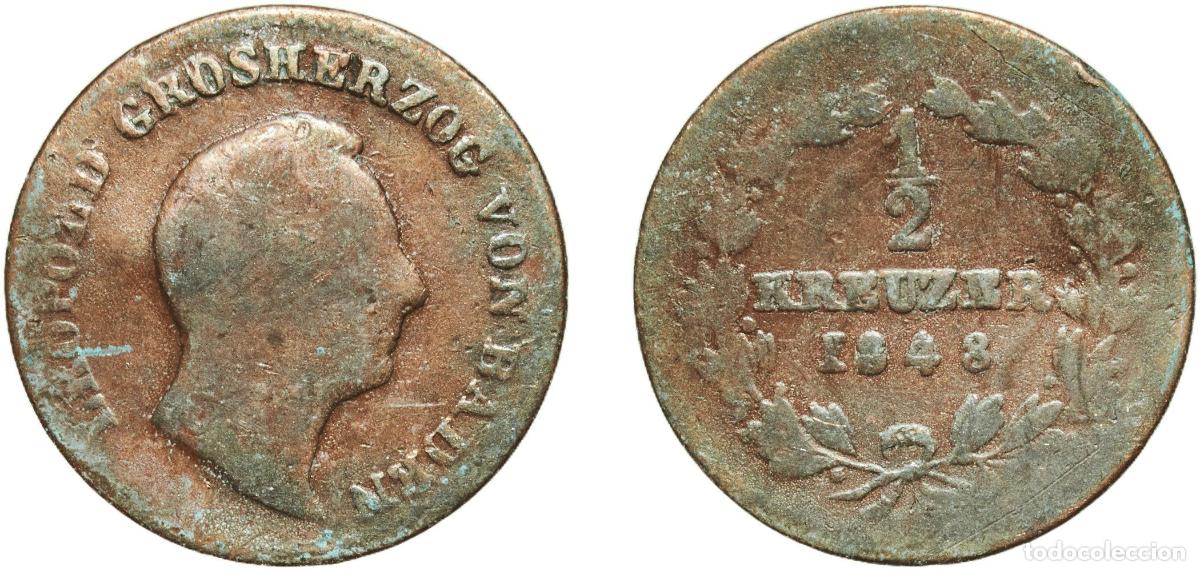 Monedas antiguas de Europa: Germany Grand Duchy of Baden German states 1848 &frac12; Kreuzer - Leopold I Copper Staatliche M&uuml;nze Baden