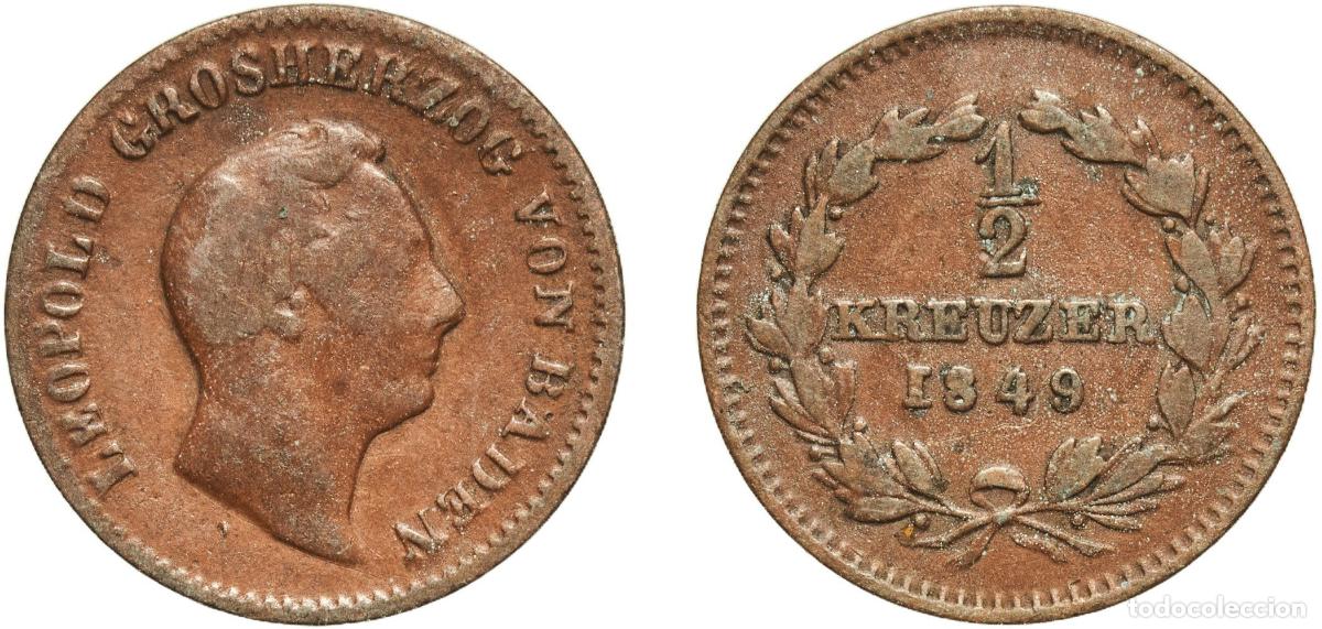 Monedas antiguas de Europa: Germany Grand Duchy of Baden German states 1849 &frac12; Kreuzer - Leopold I Copper Staatliche M&uuml;nze Baden