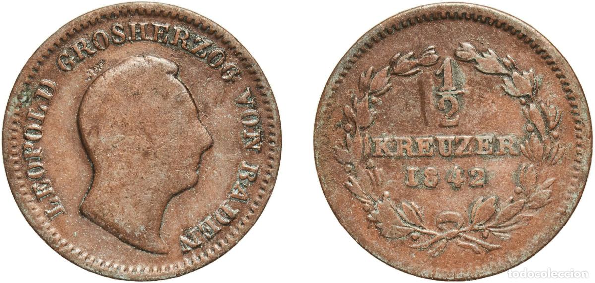 Monedas antiguas de Europa: Germany Grand Duchy of Baden German states 1842 &frac12; Kreuzer - Leopold I Copper Staatliche M&uuml;nze Baden