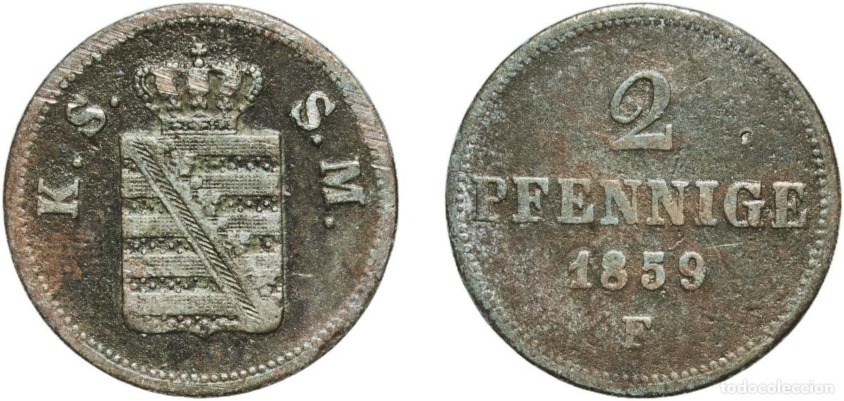 Monedas antiguas de Europa: Germany Kingdom of Saxony German states 1859 2 Pfennige - John Copper Dresden Mint (1102688) 2.79g