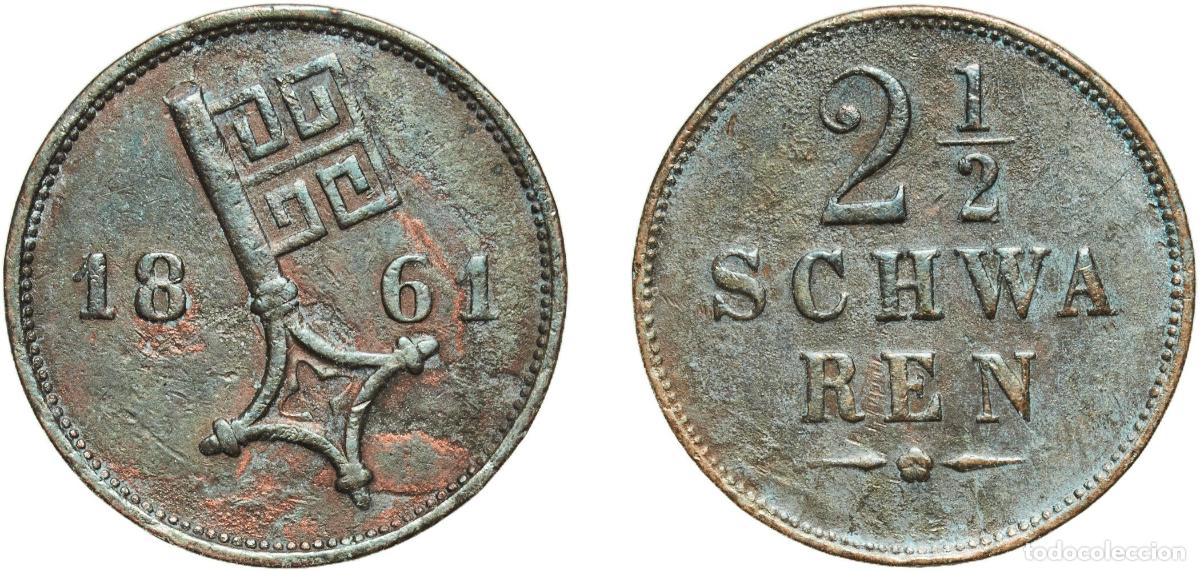 Monedas antiguas de Europa: Germany City of Bremen German states 1861 2&frac12; Schwaren Copper Bremen Mint (43200) 3.13g XF AKS 12 J