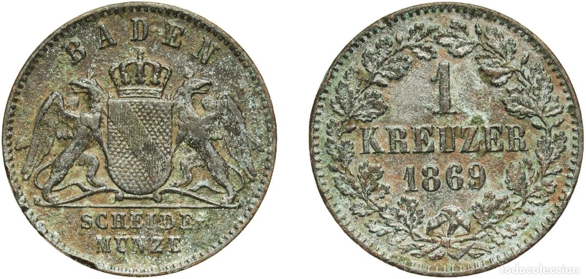 Monedas antiguas de Europa: Germany Grand Duchy of Baden German states 1869 1 Kreuzer - Friedrich I Copper Staatliche M&uuml;nze Bad