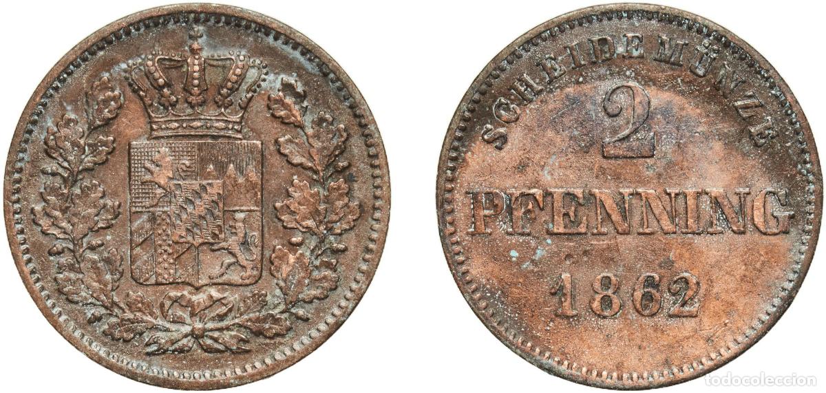 Monedas antiguas de Europa: Germany Kingdom of Bavaria German states 1862 2 Pfenning - Maximilian II, Ludwig II Copper Munich M