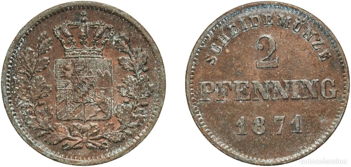 Monedas antiguas de Europa: Germany Kingdom of Bavaria German states 1871 2 Pfenning - Maximilian II, Ludwig II Copper Munich M