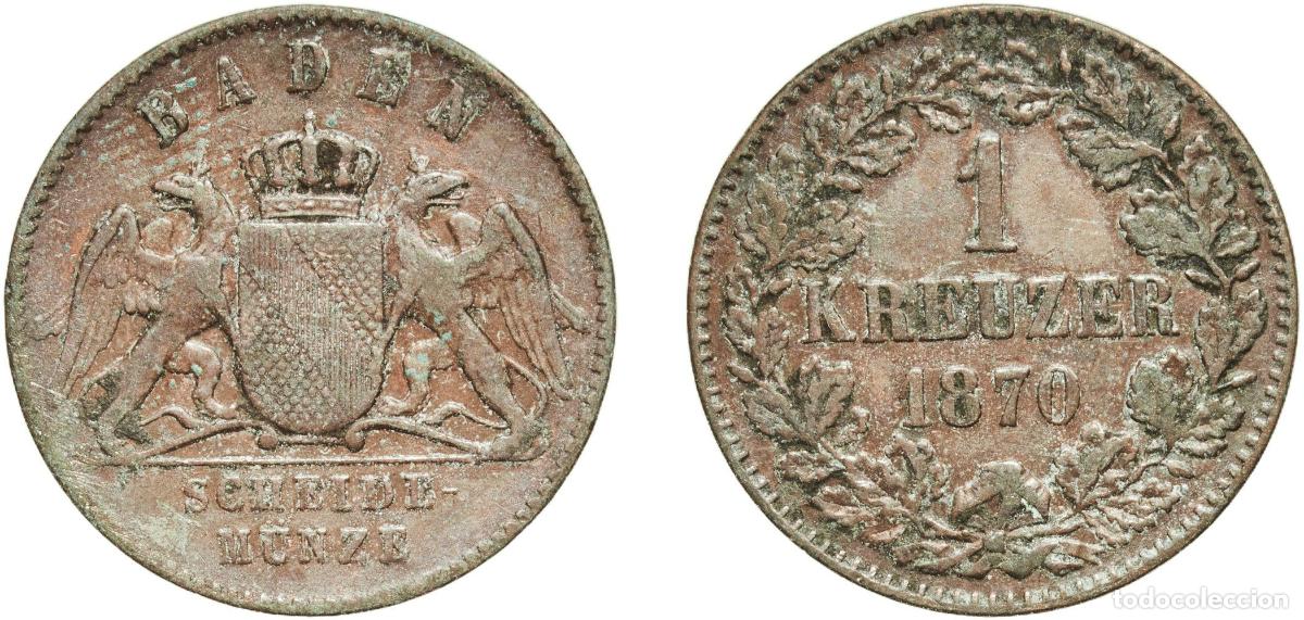 Monedas antiguas de Europa: Germany Grand Duchy of Baden German states 1870 1 Kreuzer - Friedrich I Copper Staatliche M&uuml;nze Bad