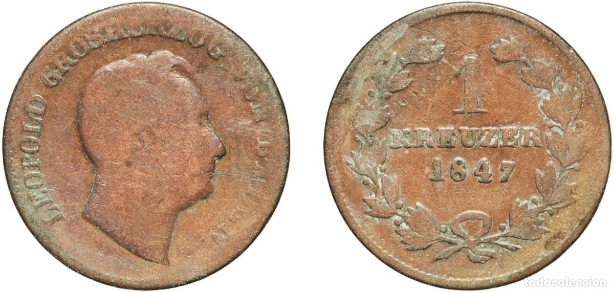 Monedas antiguas de Europa: Germany Grand Duchy of Baden German states 1847 1 Kreuzer - Leopold I Copper Staatliche M&uuml;nze Baden