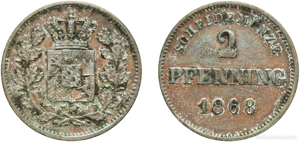 Monedas antiguas de Europa: Germany Kingdom of Bavaria German states 1868 2 Pfenning - Maximilian II, Ludwig II Copper Munich M