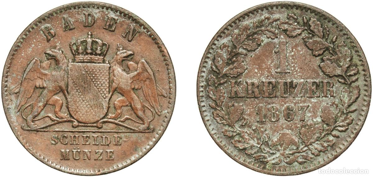 Monedas antiguas de Europa: Germany Grand Duchy of Baden German states 1867 1 Kreuzer - Friedrich I Copper Staatliche M&uuml;nze Bad