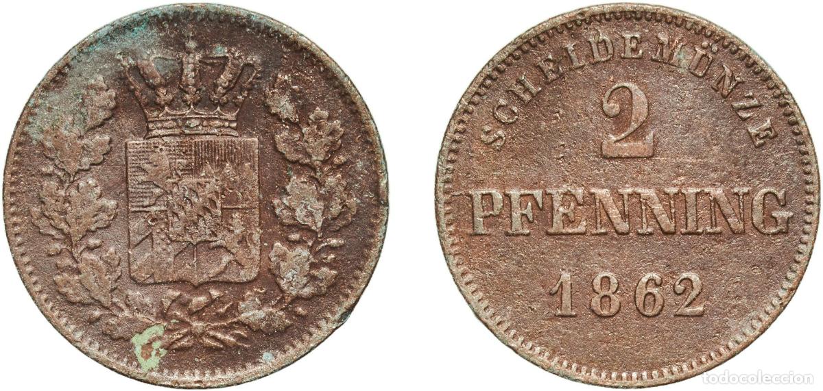 Monedas antiguas de Europa: Germany Kingdom of Bavaria German states 1862 2 Pfenning - Maximilian II, Ludwig II Copper Munich M