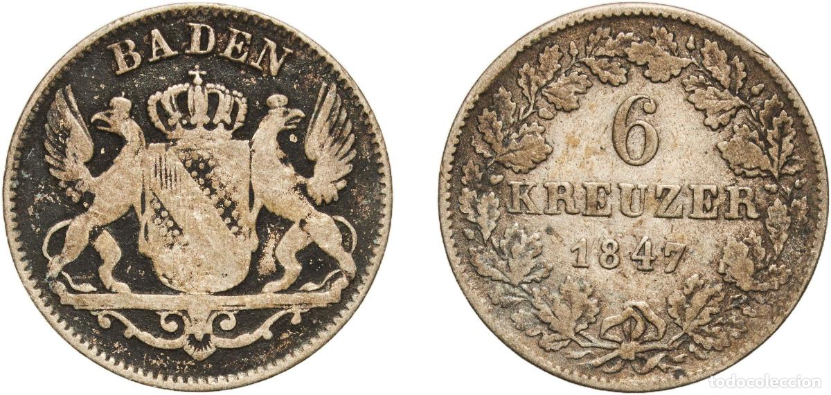 Monedas antiguas de Europa: Germany Grand Duchy of Baden German states 1847 6 Kreuzers - Leopold I Billon (.333 silver) Staatli