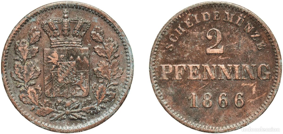 Monedas antiguas de Europa: Germany Kingdom of Bavaria German states 1866 2 Pfenning - Maximilian II, Ludwig II Copper Munich M