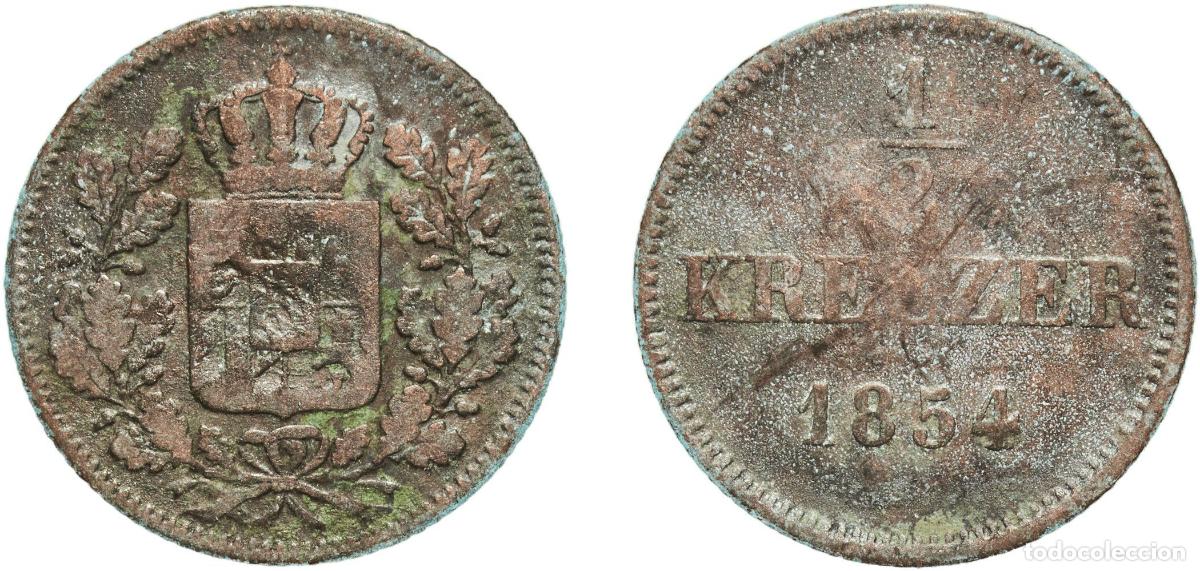 Monedas antiguas de Europa: Germany Kingdom of Bavaria German states 1854 &frac12; Kreuzer - Maximilian II Copper Munich Mint 2.17g VF