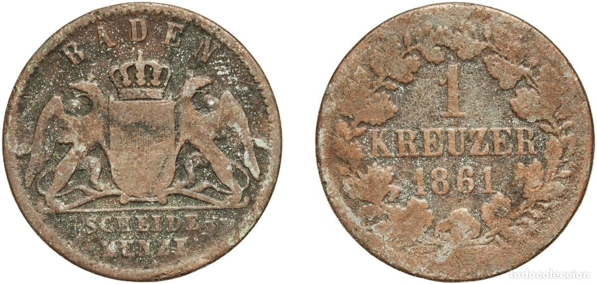 Monedas antiguas de Europa: Germany Grand Duchy of Baden German states 1861 1 Kreuzer - Friedrich I Copper Staatliche M&uuml;nze Bad