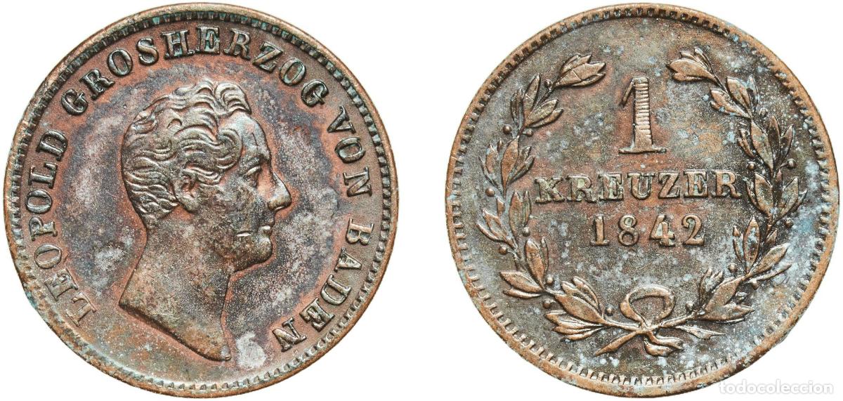 Monedas antiguas de Europa: Germany Grand Duchy of Baden German states 1842 1 Kreuzer - Leopold I Copper (865000) 3.94g XF AKS