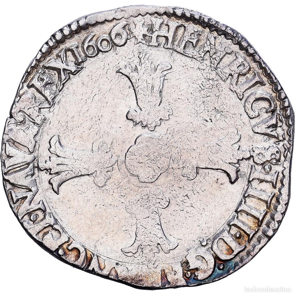 Monedas antiguas de Europa: [#139737] Francia, Henri IV, 1/4 Ecu, 1606, Angers, Plata, BC+, Gadoury:597