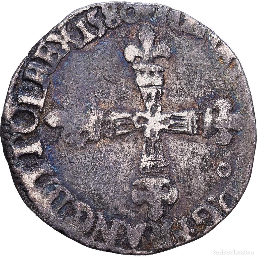Monedas antiguas de Europa: [#139918] Francia, Henri III, 1/8 Ecu, 1580, Rennes, Plata, BC+, Gadoury:485