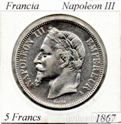 Monedas antiguas de Europa: FRANCIA 1867, 5 FRANCS, NAPOLEON III, KM-799.1, AG, 25 GR., EBC+, 2 FOTOS