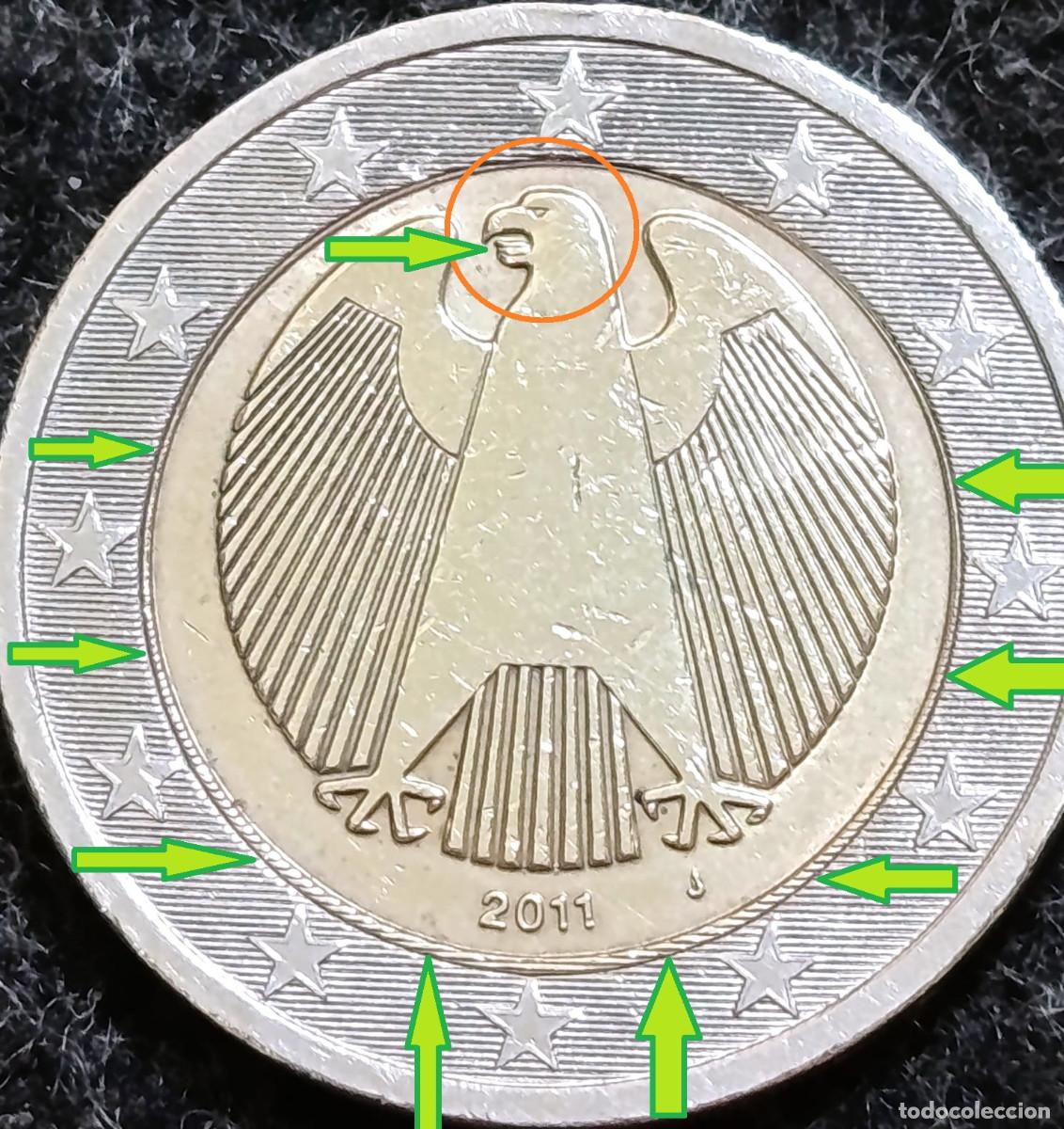Monedas antiguas de Europa: Moneda 2 Euros ALEMANIA 2011 J , &Aacute;guila, ERRORES de acu&ntilde;aci&oacute;n y Exceso de metal, ERROR DE CECA