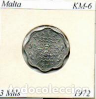 Monedas antiguas de Europa: MALTA 1972. 3 MILS, KM-6, CIRCULADA,