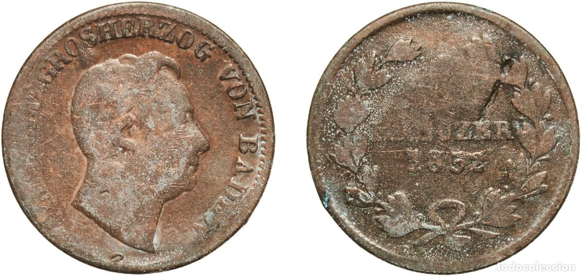 Monedas antiguas de Europa: Germany Grand Duchy of Baden German states 1852 1 Kreuzer - Leopold I Copper Staatliche M&uuml;nze Baden