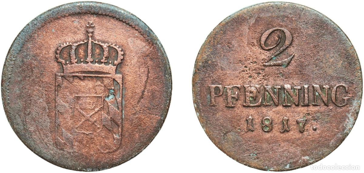 Monedas antiguas de Europa: Germany Kingdom of Bavaria German states 1817 2 Pfennigs - Maximilian I Joseph Copper Munich Mint 2