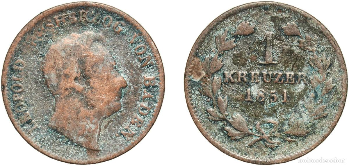 Monedas antiguas de Europa: Germany Grand Duchy of Baden German states 1851 1 Kreuzer - Leopold I Copper Staatliche M&uuml;nze Baden