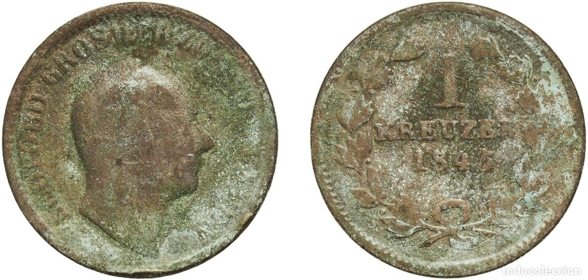 Monedas antiguas de Europa: Germany Grand Duchy of Baden German states 1845 1 Kreuzer - Leopold I Copper (1442000) 3.64g F AKS