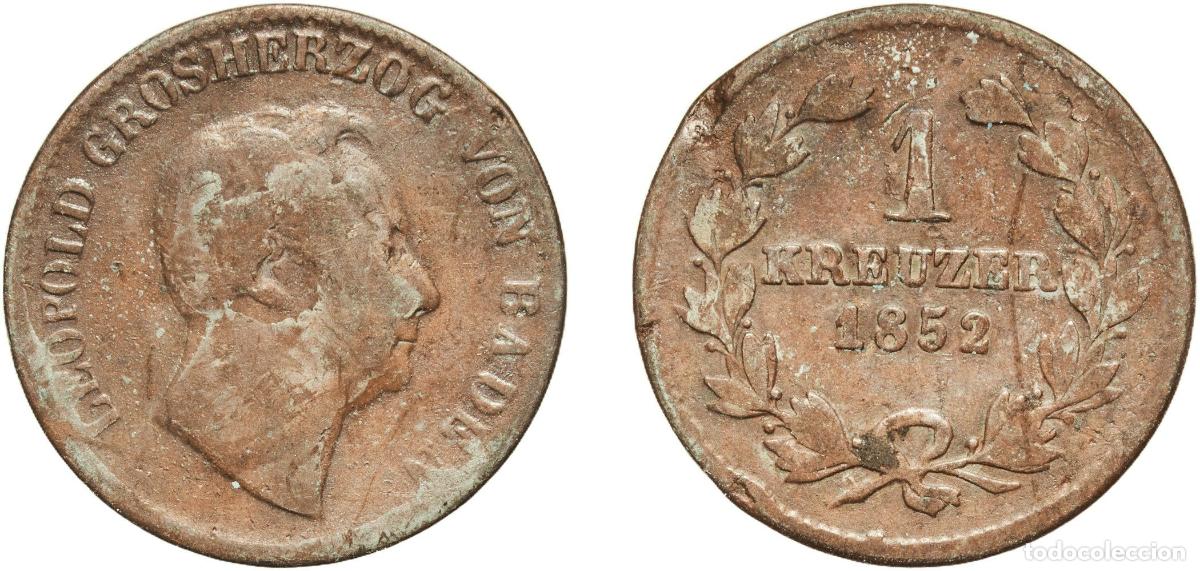 Monedas antiguas de Europa: Germany Grand Duchy of Baden German states 1852 1 Kreuzer - Leopold I Copper Staatliche M&uuml;nze Baden