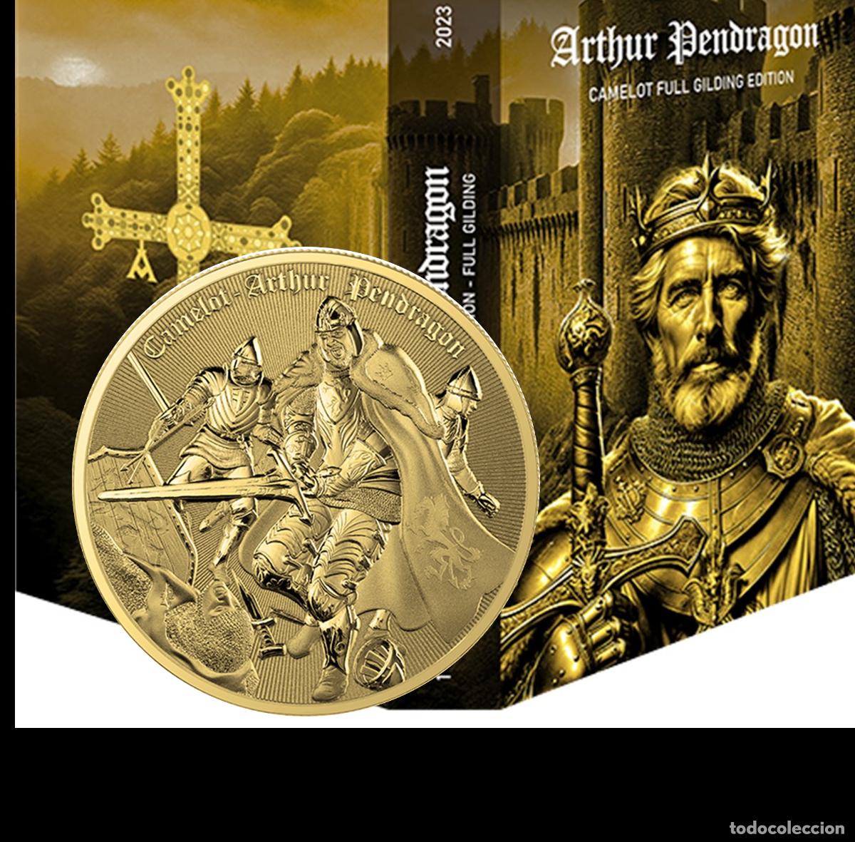 Monedas antiguas de Europa: Moneda Plata Proof 999 Dorada en oro 24K ARTHUR PENDRAGON CAMELOT 2023 1 onza oz