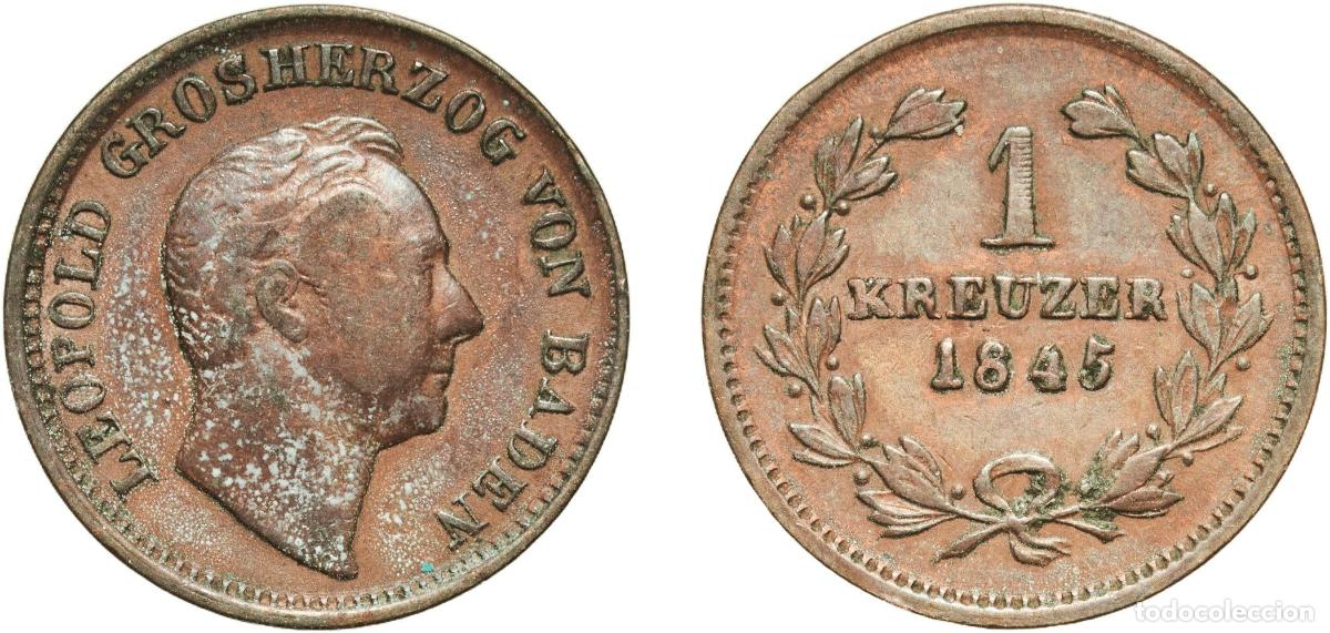 Monedas antiguas de Europa: Germany Grand Duchy of Baden German states 1845 1 Kreuzer - Leopold I Copper Staatliche M&uuml;nze Baden