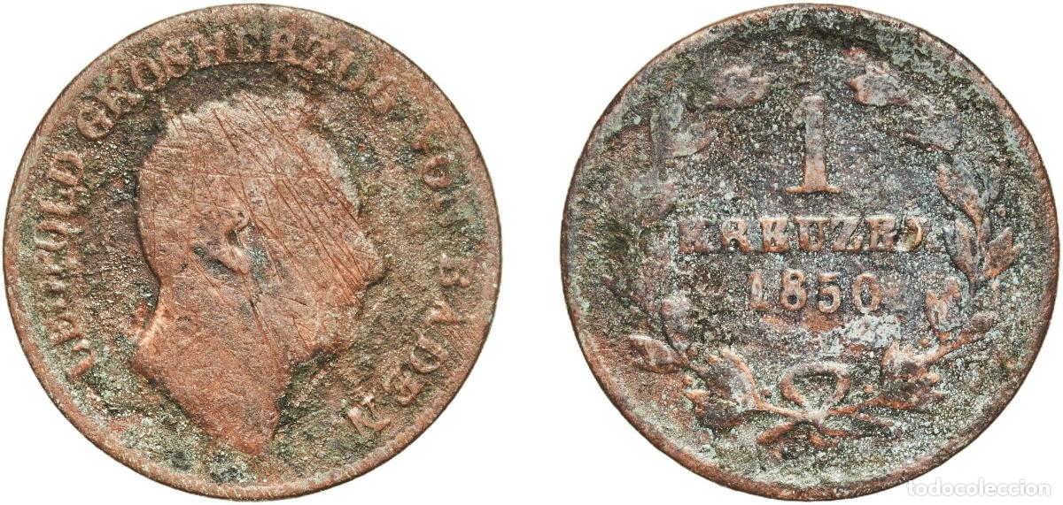 Monedas antiguas de Europa: Germany Grand Duchy of Baden German states 1850 1 Kreuzer - Leopold I Copper Staatliche M&uuml;nze Baden