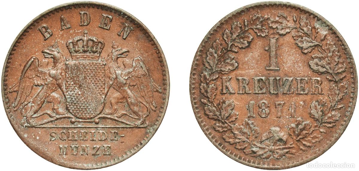 Monedas antiguas de Europa: Germany Grand Duchy of Baden German states 1871 1 Kreuzer - Friedrich I Copper Staatliche M&uuml;nze Bad