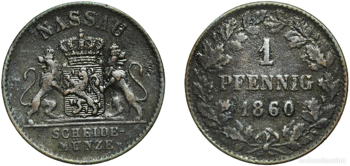 Monedas antiguas de Europa: Germany Duchy of Nassau German states 1860 1 Pfennig - Adolph Copper Wiesbaden Mint (580000) 1.37g
