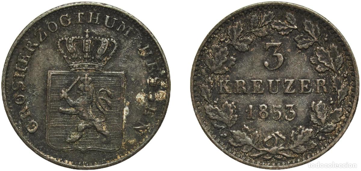 Monedas antiguas de Europa: Germany Grand Duchy of Hesse-Darmstadt German states 1853 3 Kreuzers - Louis III Billon (.281 silve