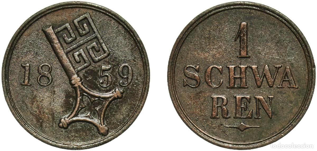 Monedas antiguas de Europa: Germany City of Bremen German states 1859 1 Schwaren Copper Bremen Mint (69000) 1.29g XF AKS 13 Ja