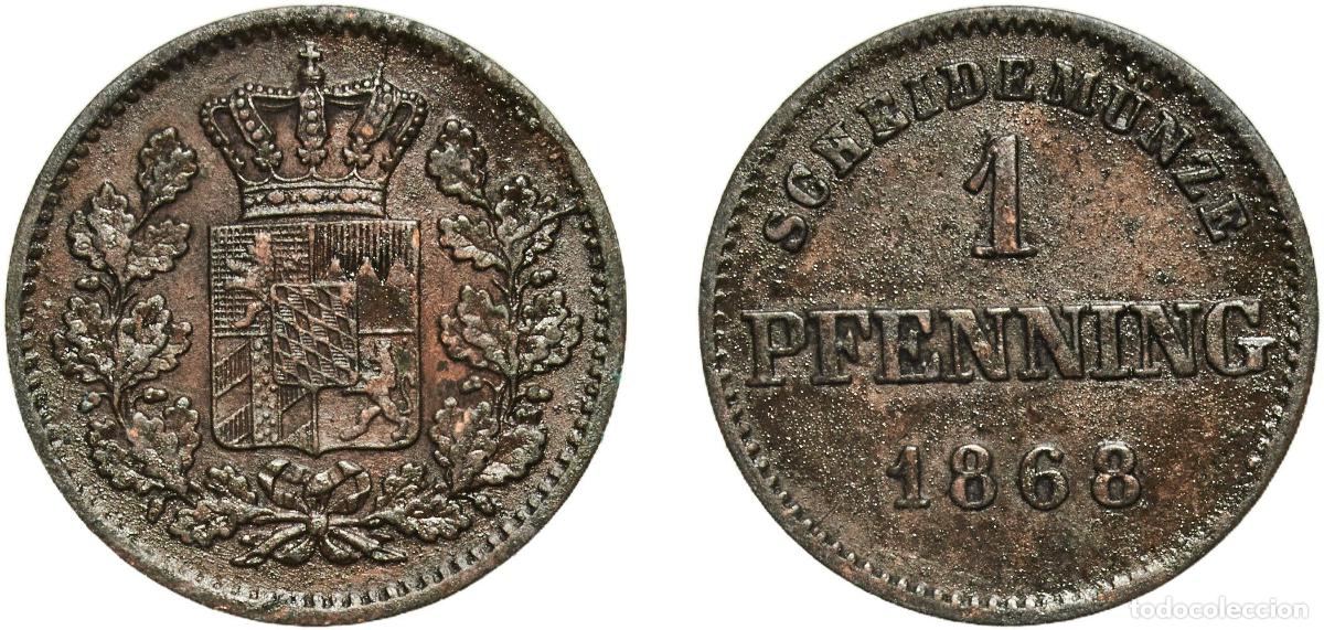 Monedas antiguas de Europa: Germany Kingdom of Bavaria German states 1868 1 Pfenning - Maximilian II Copper Munich Mint (139400