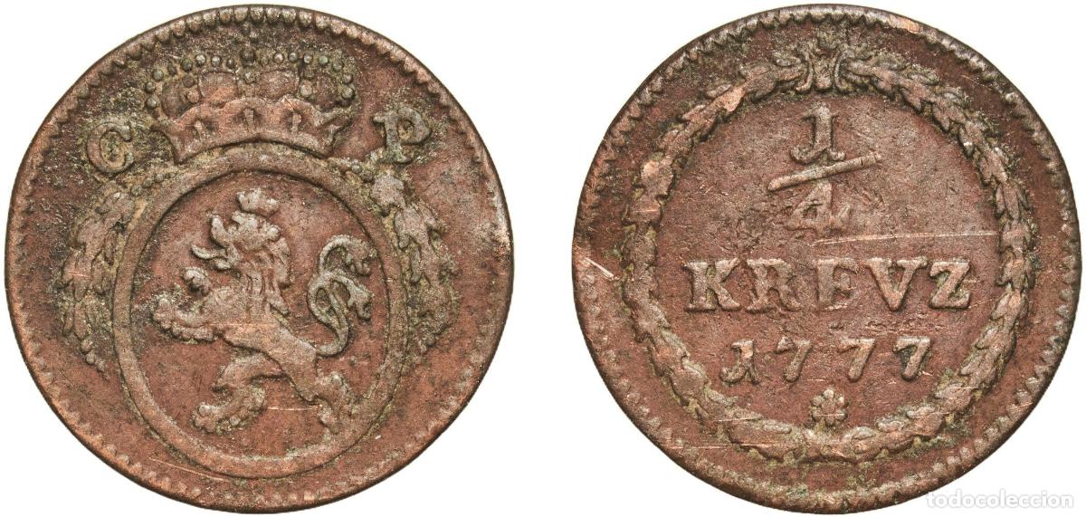 Monedas antiguas de Europa: Germany Electors of the Palatinate German states 1777 &frac14; Kreuzer - Charles Theodor Copper Mannheim M