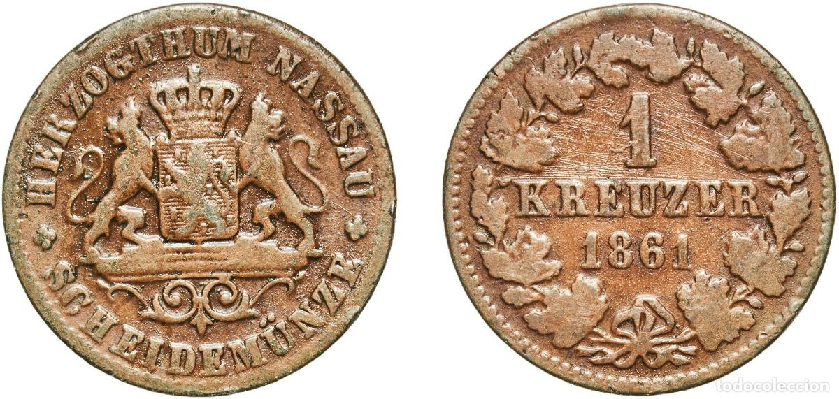 Monedas antiguas de Europa: Germany Duchy of Nassau German states 1861 1 Kreuzer - Adolphe Copper Wiesbaden Mint (556450) 4.16g