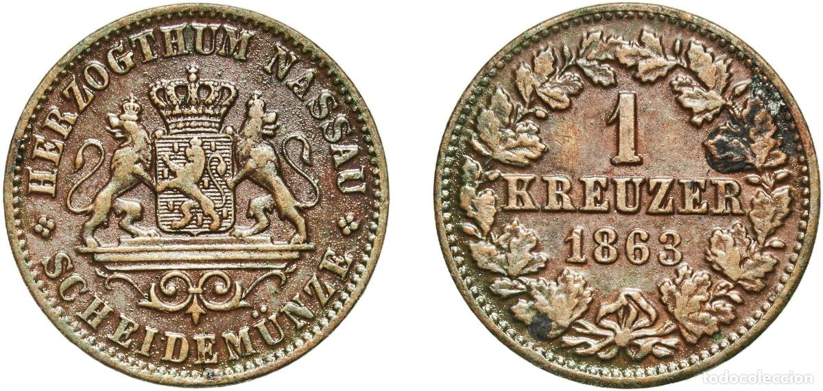 Monedas antiguas de Europa: Germany Duchy of Nassau German states 1863 1 Kreuzer - Adolphe Copper Wiesbaden Mint (575860) 4.27g