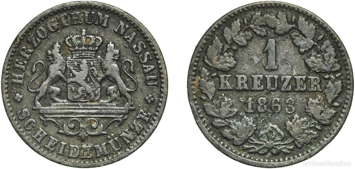 Monedas antiguas de Europa: Germany Duchy of Nassau German states 1863 1 Kreuzer - Adolphe Copper Wiesbaden Mint (575860) 4.37g