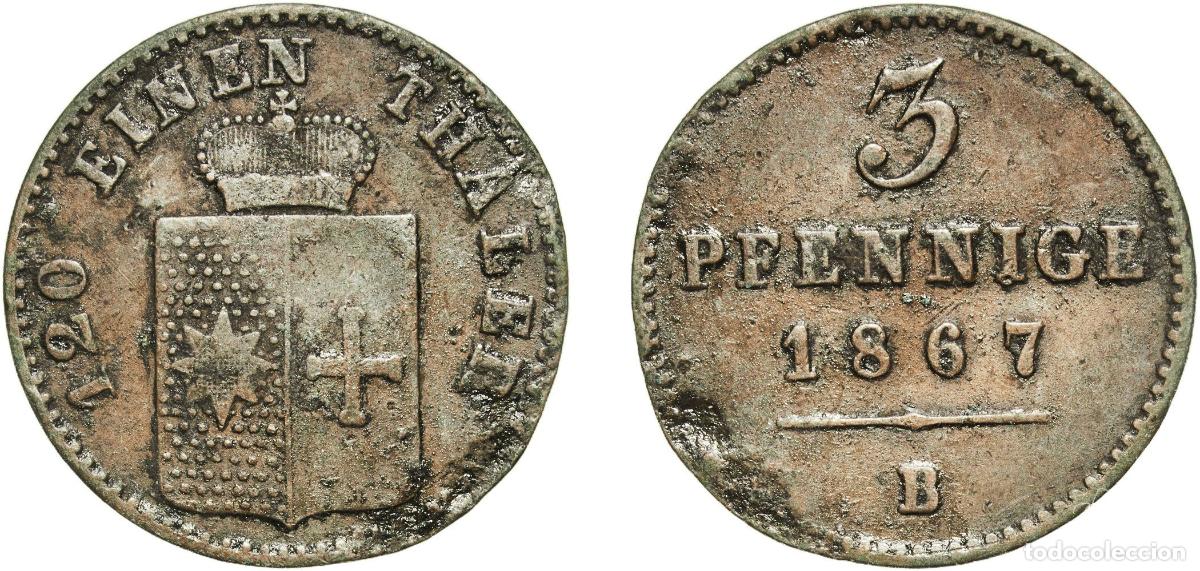 Monedas antiguas de Europa: Germany Principality of Waldeck-Pyrmont German states 1867 B 3 Pfennige - George Victor Copper Hano