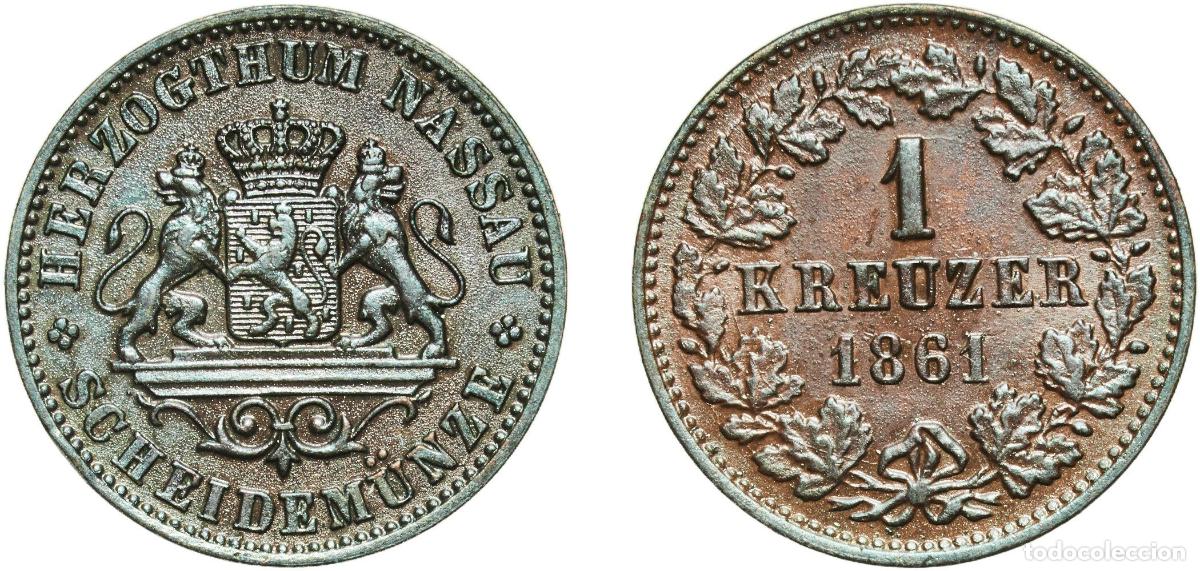 Monedas antiguas de Europa: Germany Duchy of Nassau German states 1861 1 Kreuzer - Adolphe Copper Wiesbaden Mint (556450) 4.37g