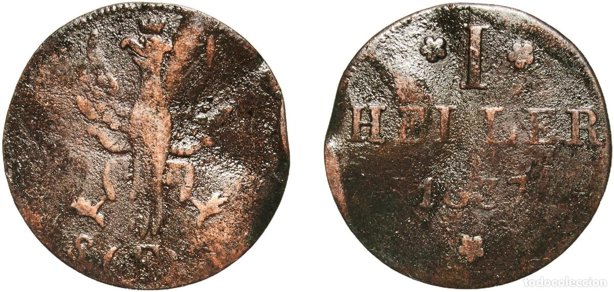 Monedas antiguas de Europa: Germany Free imperial city of Frankfurt German states 1837 F 1 Heller Copper Frankfurt am Main Mint