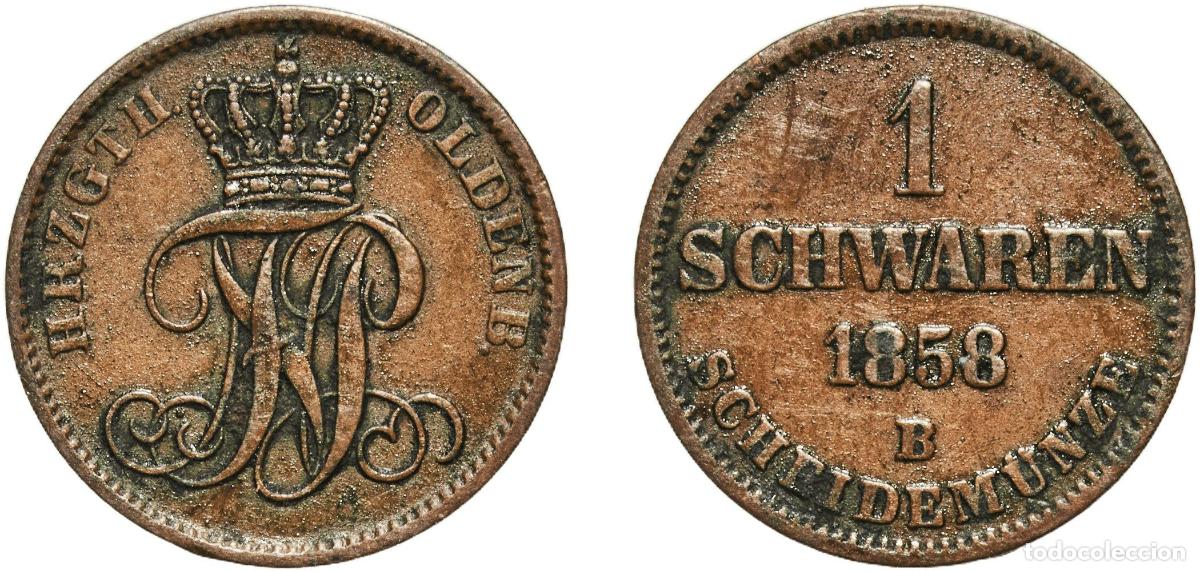 Monedas antiguas de Europa: Germany Grand duchy of Oldenburg German states 1858 1 Schwaren - Peter II Copper Hanover Mint (1084