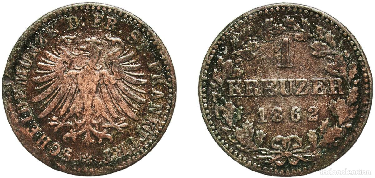 Monedas antiguas de Europa: Germany Free imperial city of Frankfurt German states 1862 1 Kreuzer Billon (.167 silver) Frankfurt
