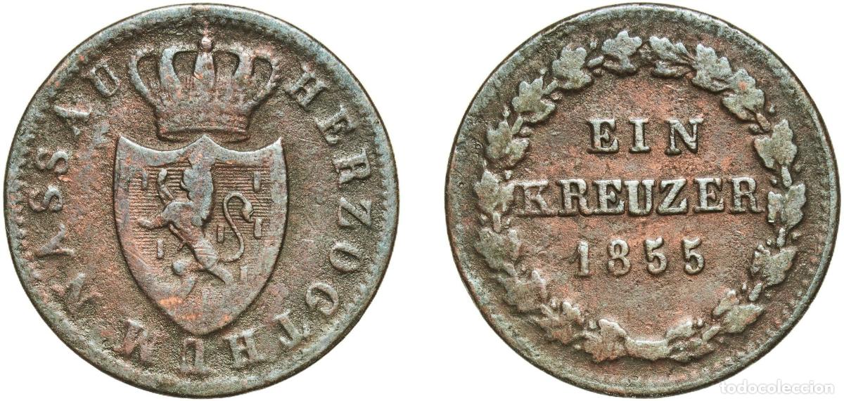 Monedas antiguas de Europa: Germany Duchy of Nassau German states 1855 1 Kreuzer - Adolph Copper Wiesbaden Mint 3.92g VF AKS 7